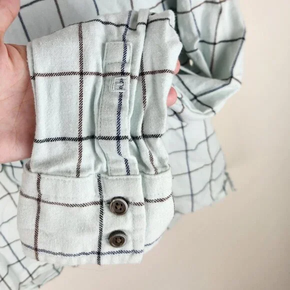 Everlane Windowpane Ruffle Neck Boxy Flannel Button Up Shirt Mint Blue sz S - Picture 7 of 10